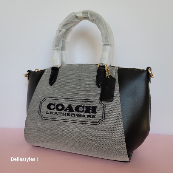 COACH Elise Badge Satchel In Jacquard & Refined Leather- Salt Black color ⭐ - Picture 4 of 16